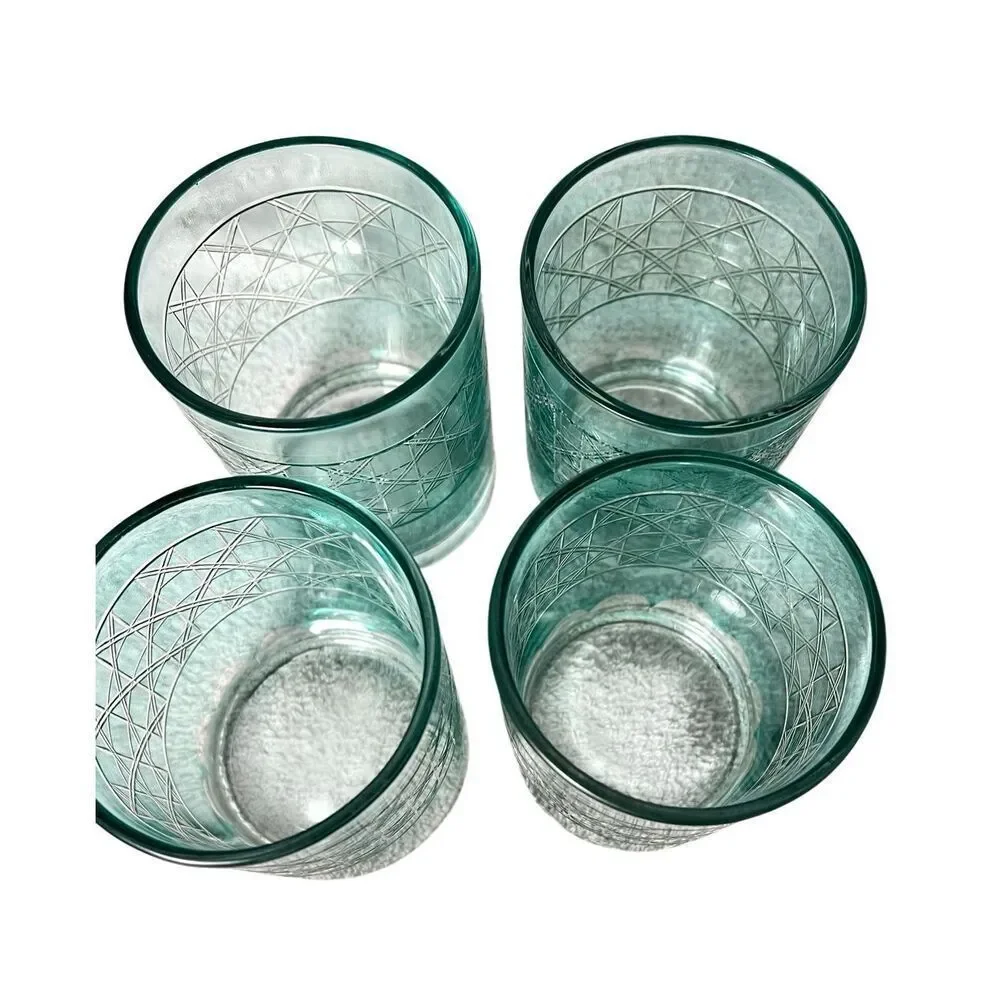 Anthropologie Bianca Jade Green Tumbler Drinking Glasses Etched Set of 4